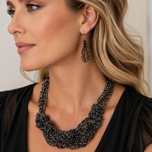 Paparazzi Black Gunmetal Multi Strand Seed Bead Necklace Earring Set Boho